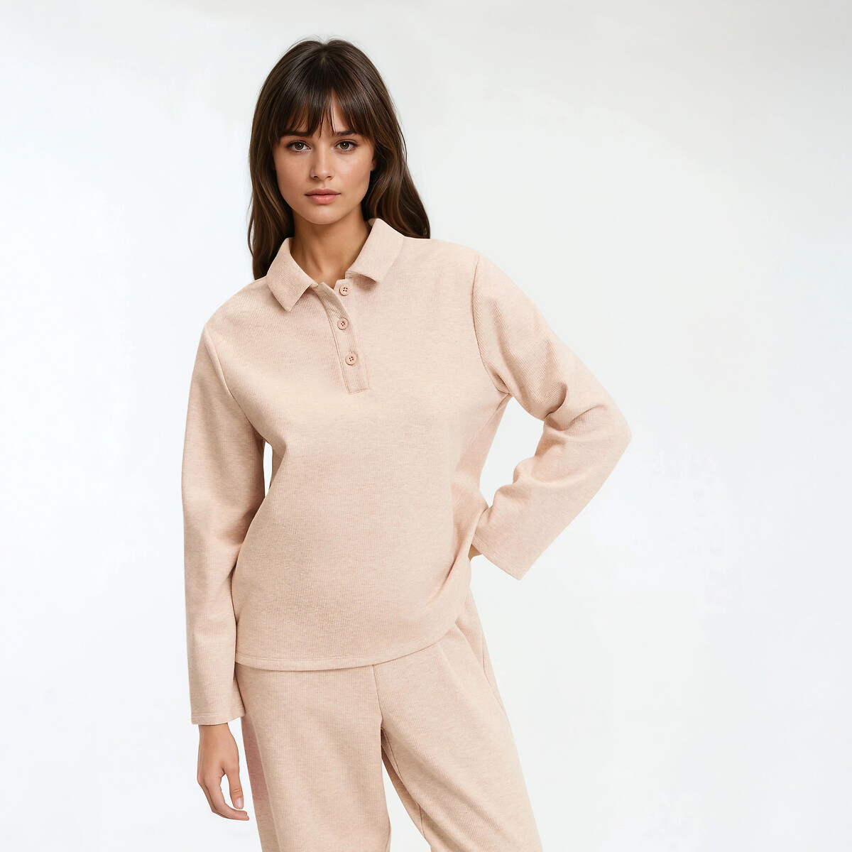 Pyjama en molleton, col polo beige chiné, ANNE WEYBURN