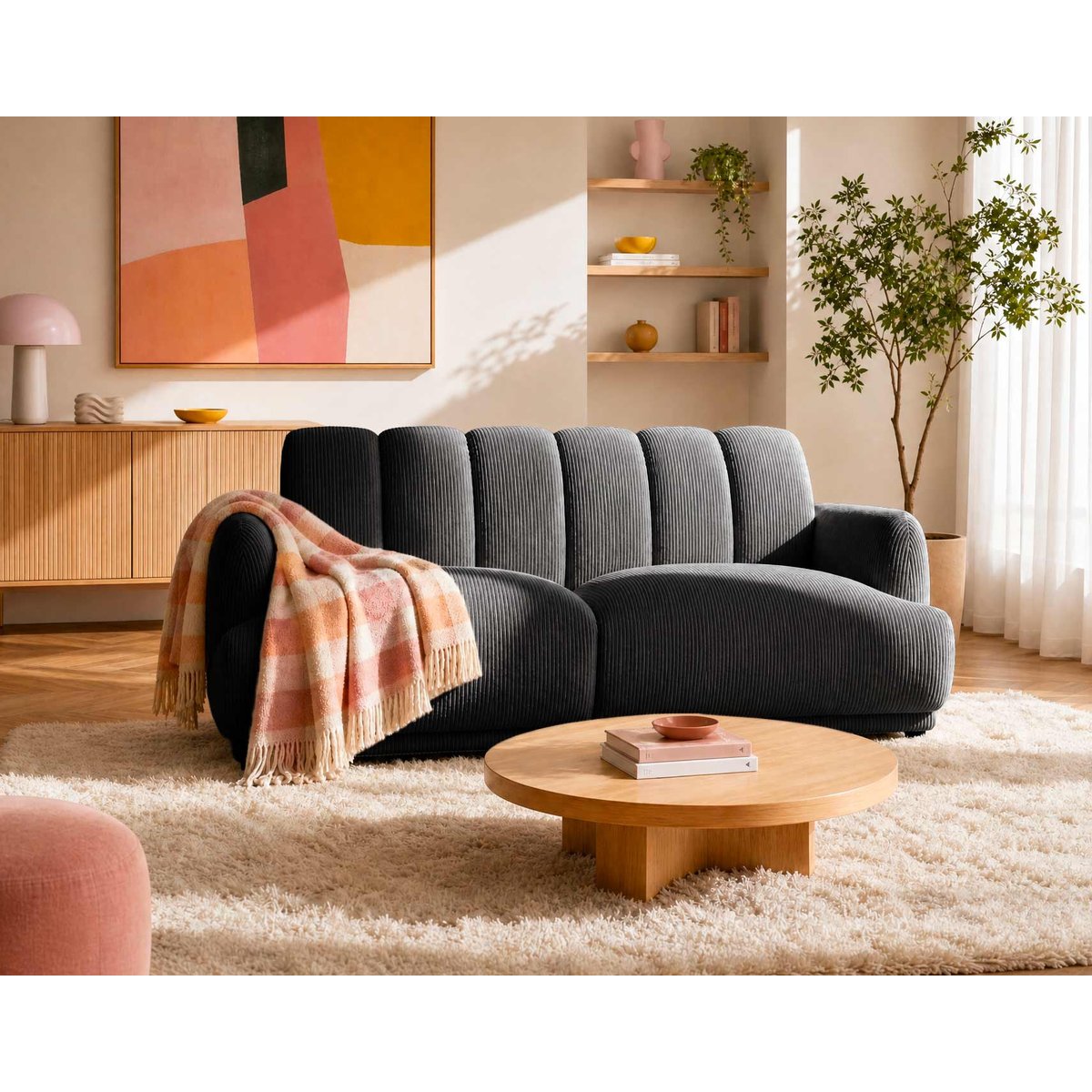 Luigi - Canapé droit 3 places en velours côtelé gris, BEST MOBILIER