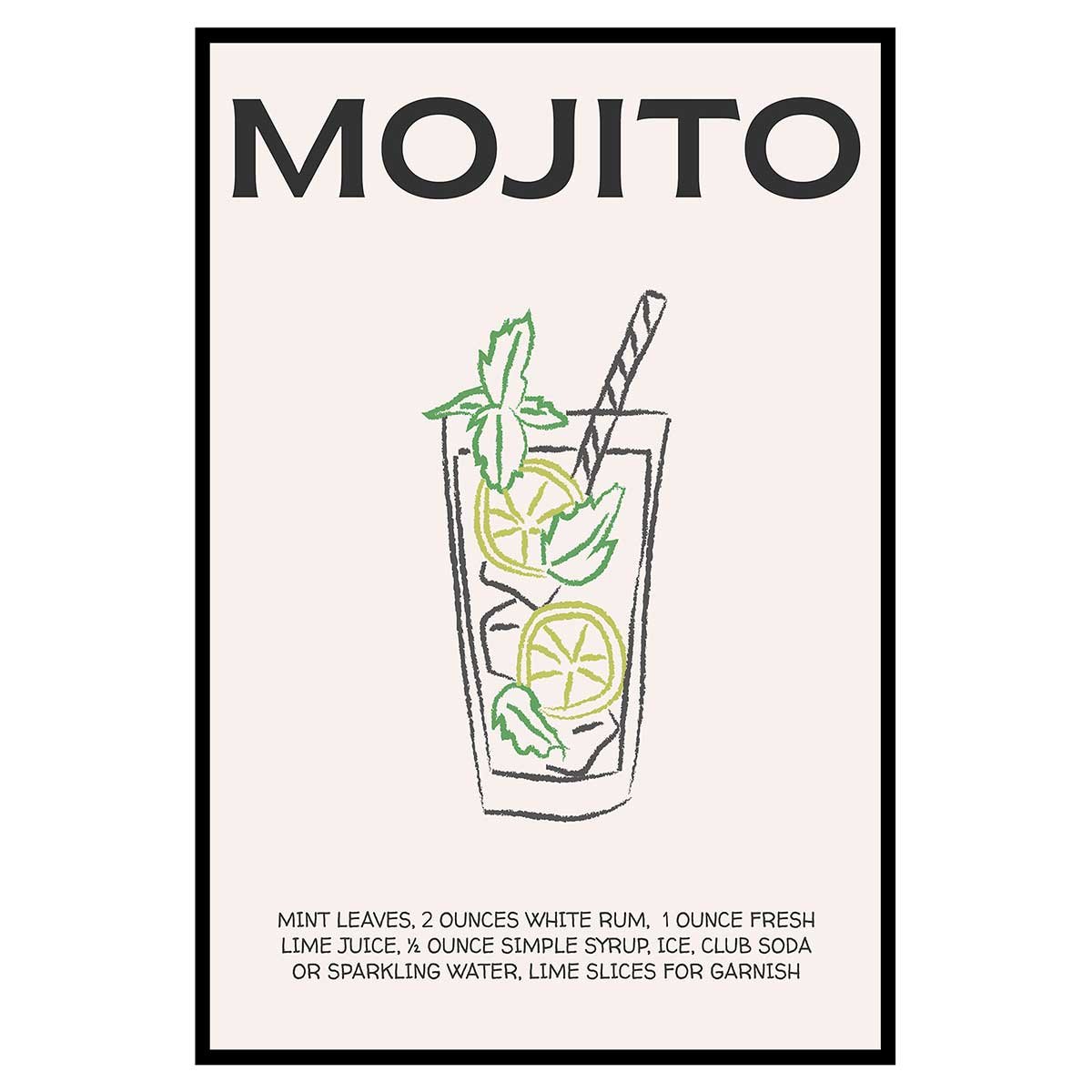 Affiche encadrée mojito illustration affiche + cadre en métal - noir, HEXOA