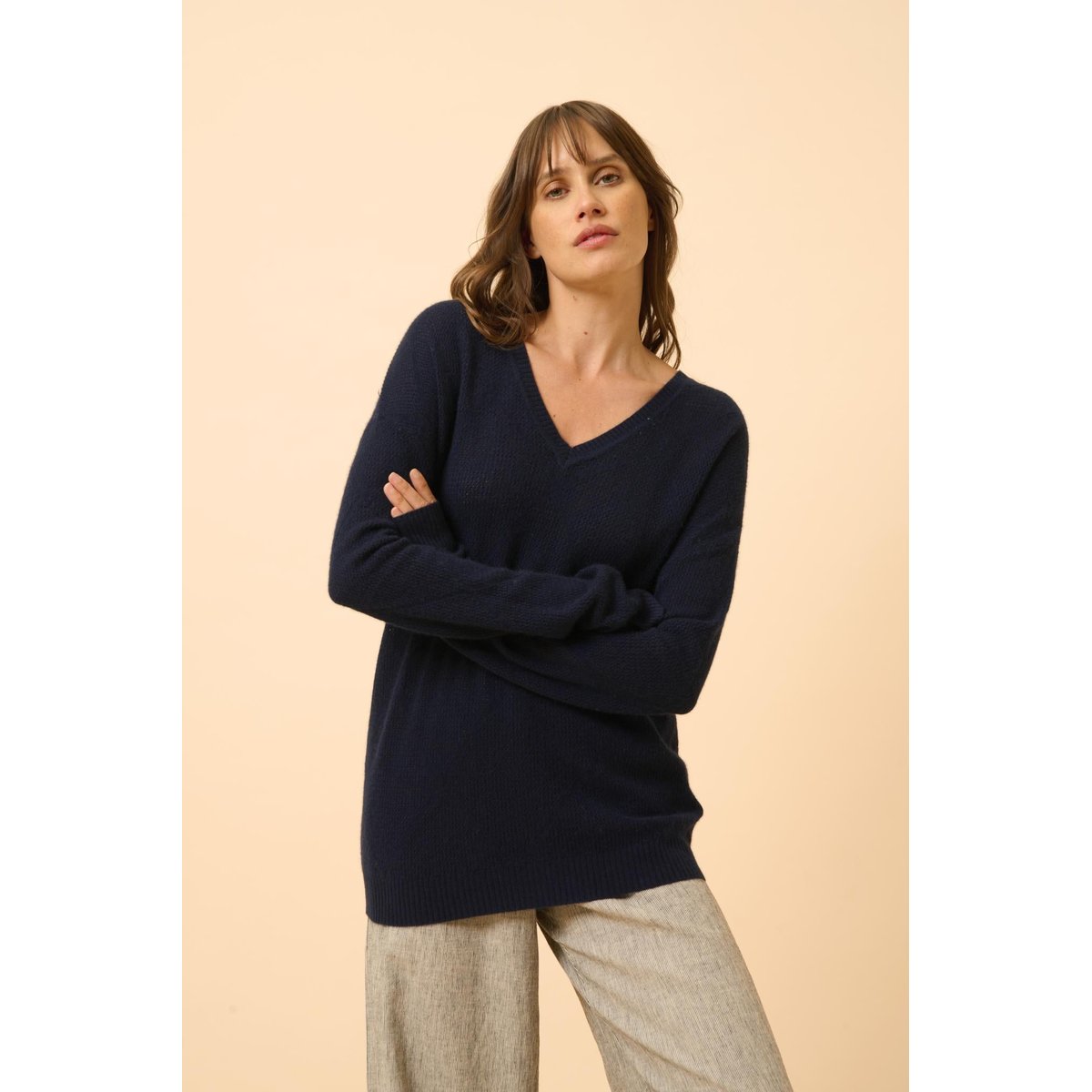 Pull Col V Navy Capucine bleu foncé, JUST CASHMERE