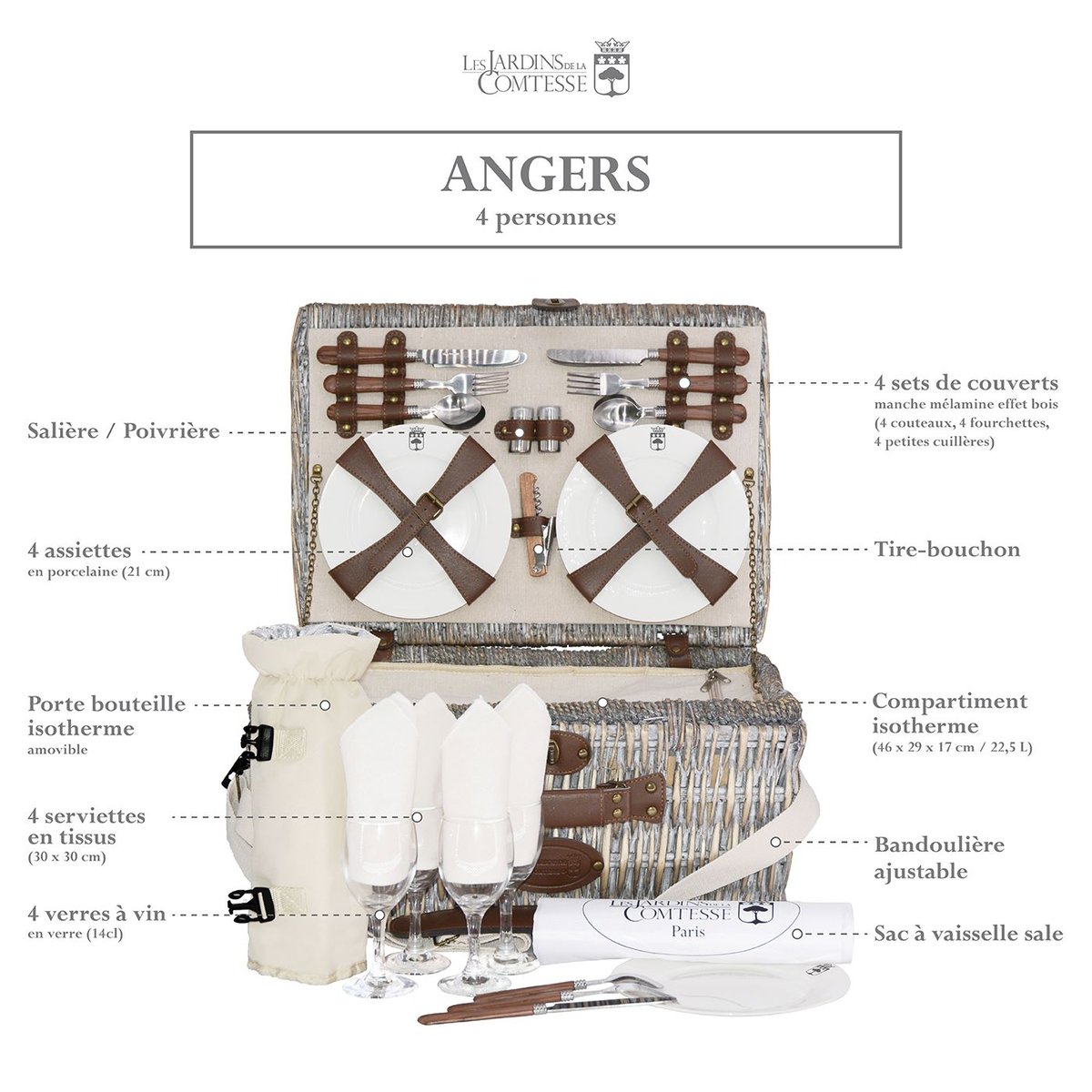 Panier pique-nique Angers 4 pers beige, LES JARDINS DE LA COMTESSE