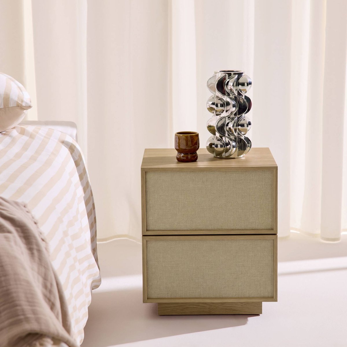 Table de chevet décor bois et tissu 2 tiroirs (lot de 2) KUBA naturel, SWEEEK