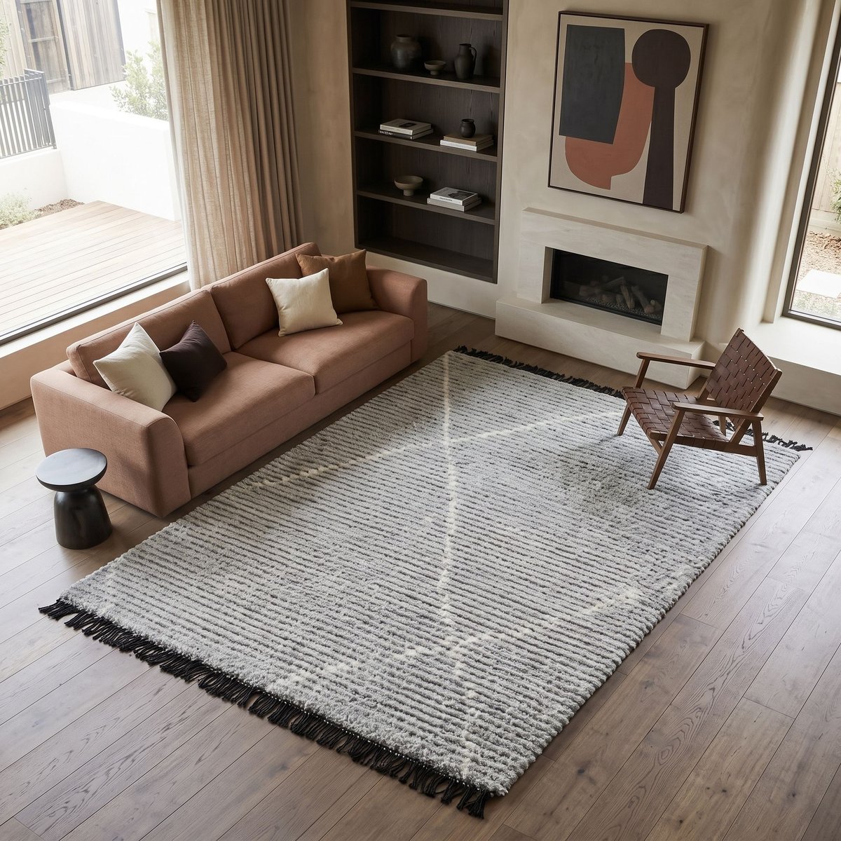 Tapis salon tout doux à lignes graphiques STEPPE LIGNES beige gris clair, THE DECO FACTORY