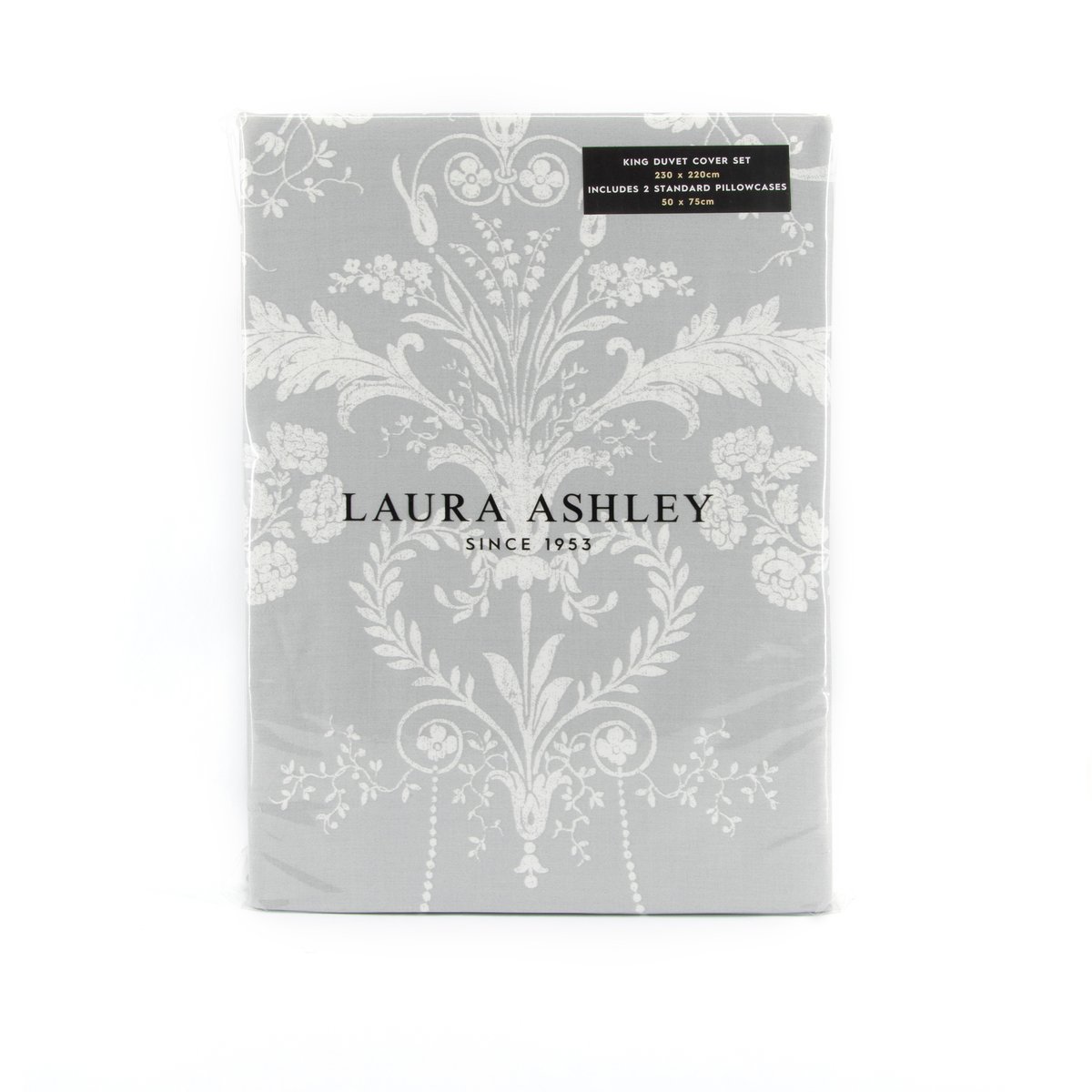 Parure de lit fleurie baroque Damassé Josette Steel pour grand lit double gris, LAURA ASHLEY