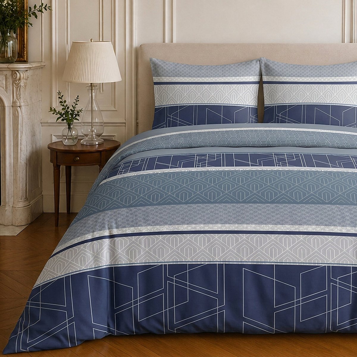Parure de lit en coton motif géométrique, ULYSSE bleu marine, C DESIGN HOME TEXTILE