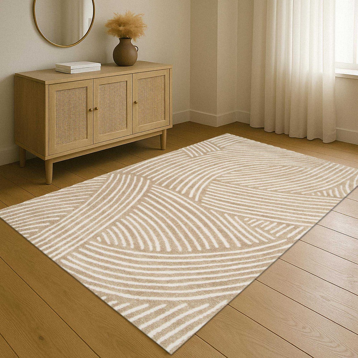 Tapis salon à reliefs doux géométrique DESIGN COURBE beige, THE DECO FACTORY