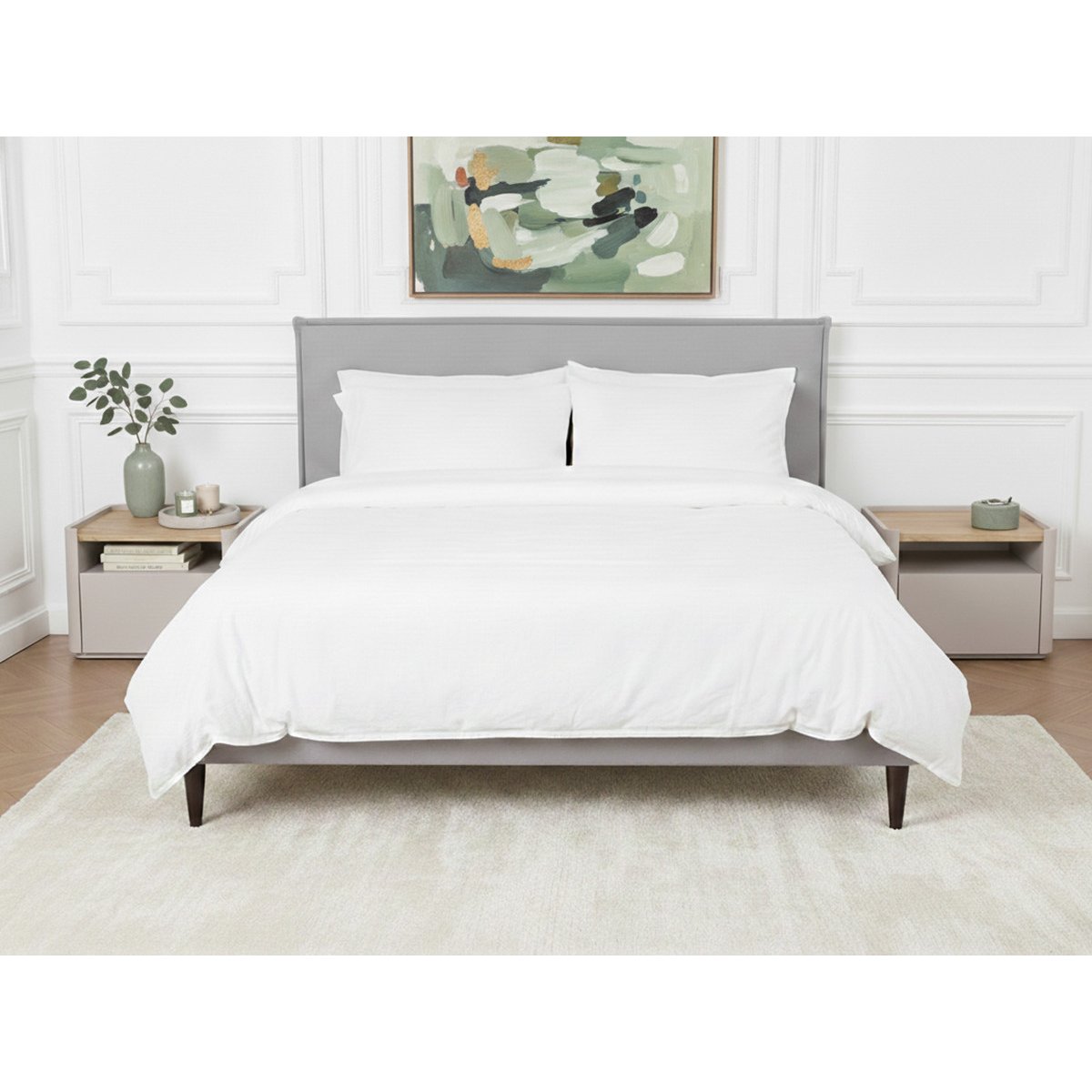 Lit bois revêtement tissu, SARY gris, BOBOCHIC