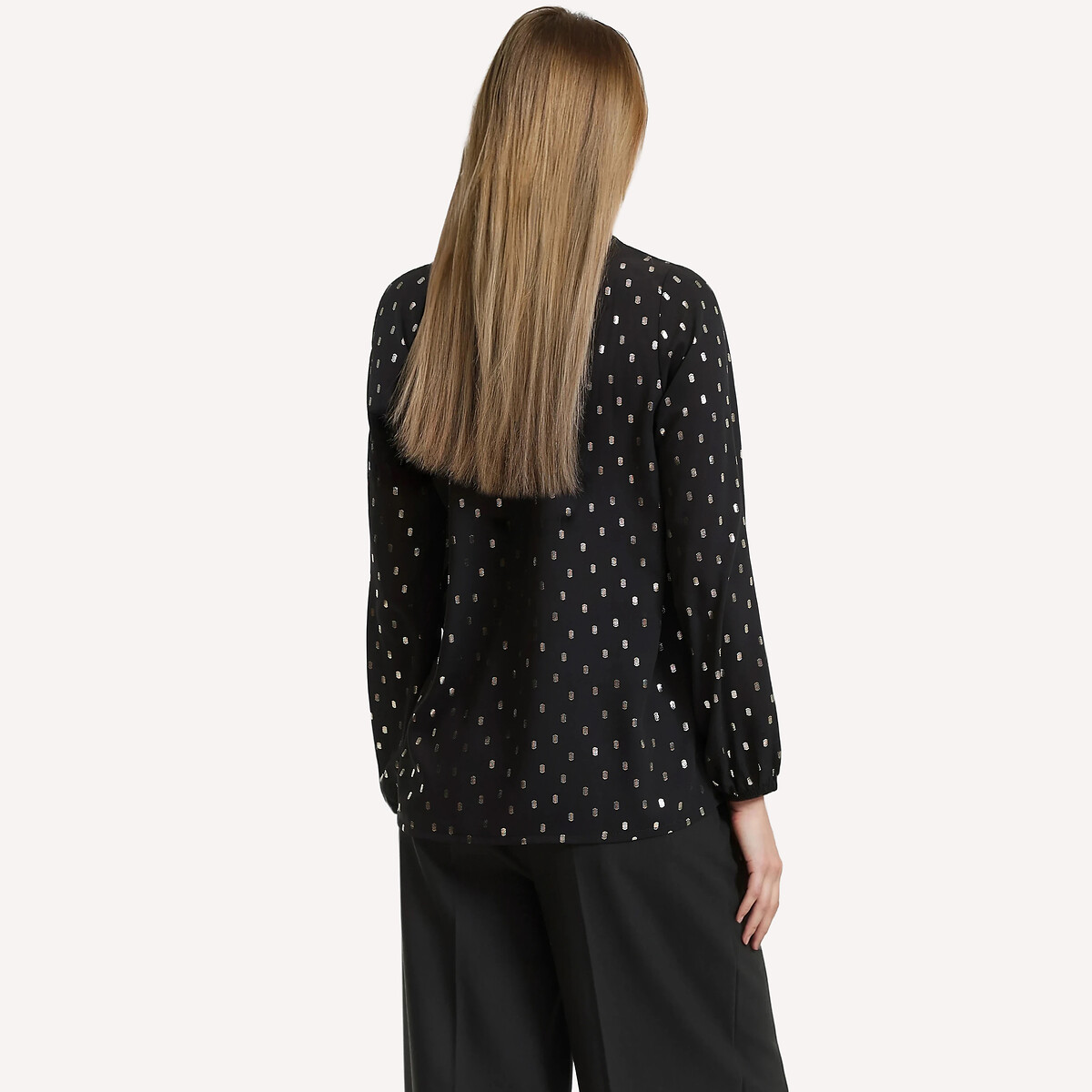 Polka Dot V-Neck Blouse with Long Sleeves black, ANNE WEYBURN