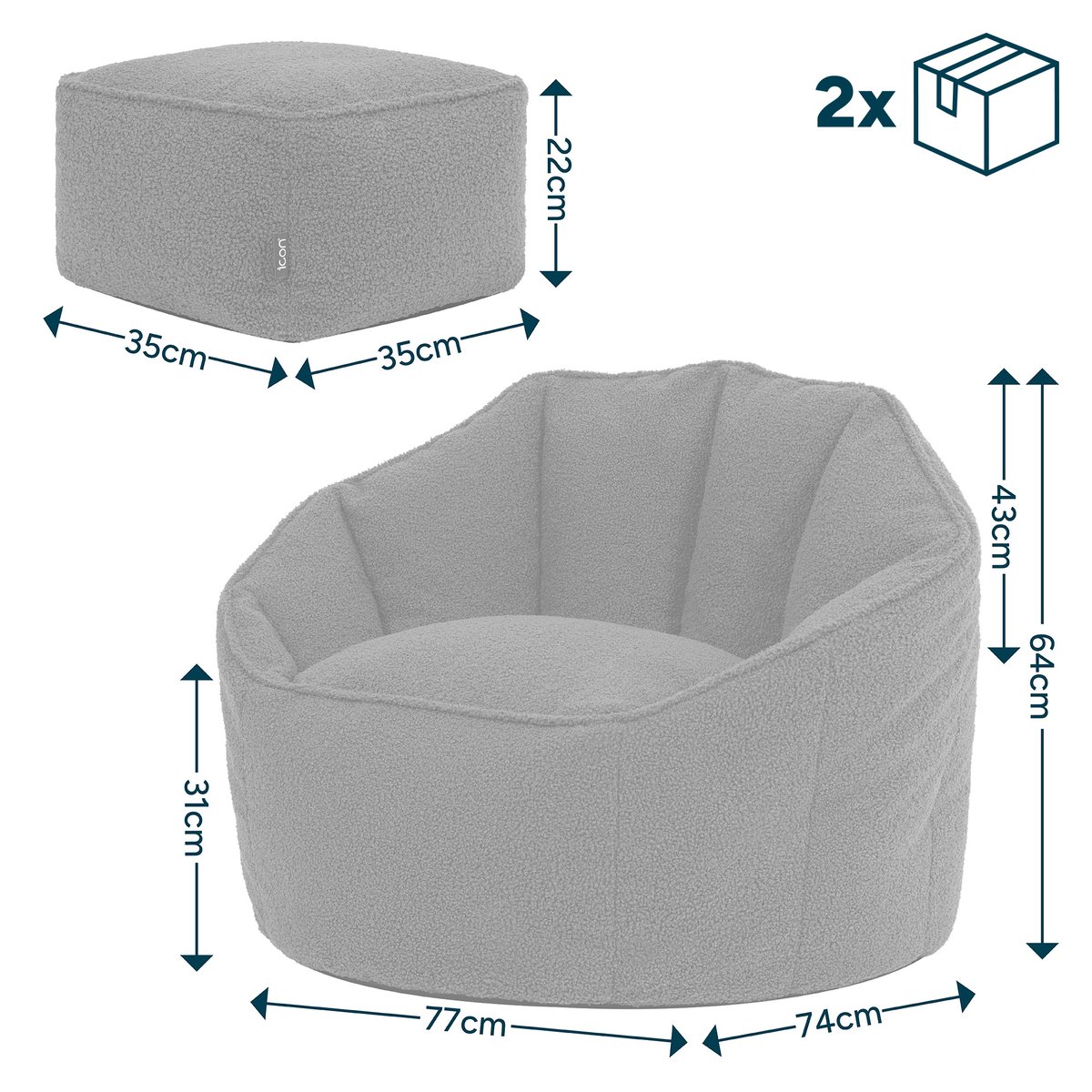Pouf fauteuil coquillage et son repose-pied carré en bouclette Oeko-Tex® - SIRENA ivoire, ICON