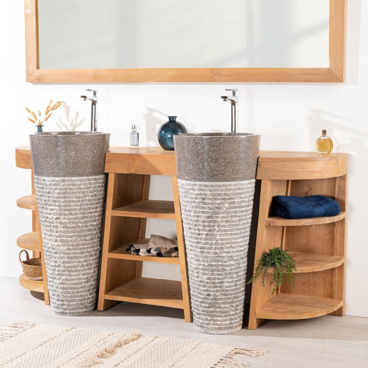 Meuble + vasques double en teck rectangle 180cm FLORENCE gris, WANDA COLLECTION