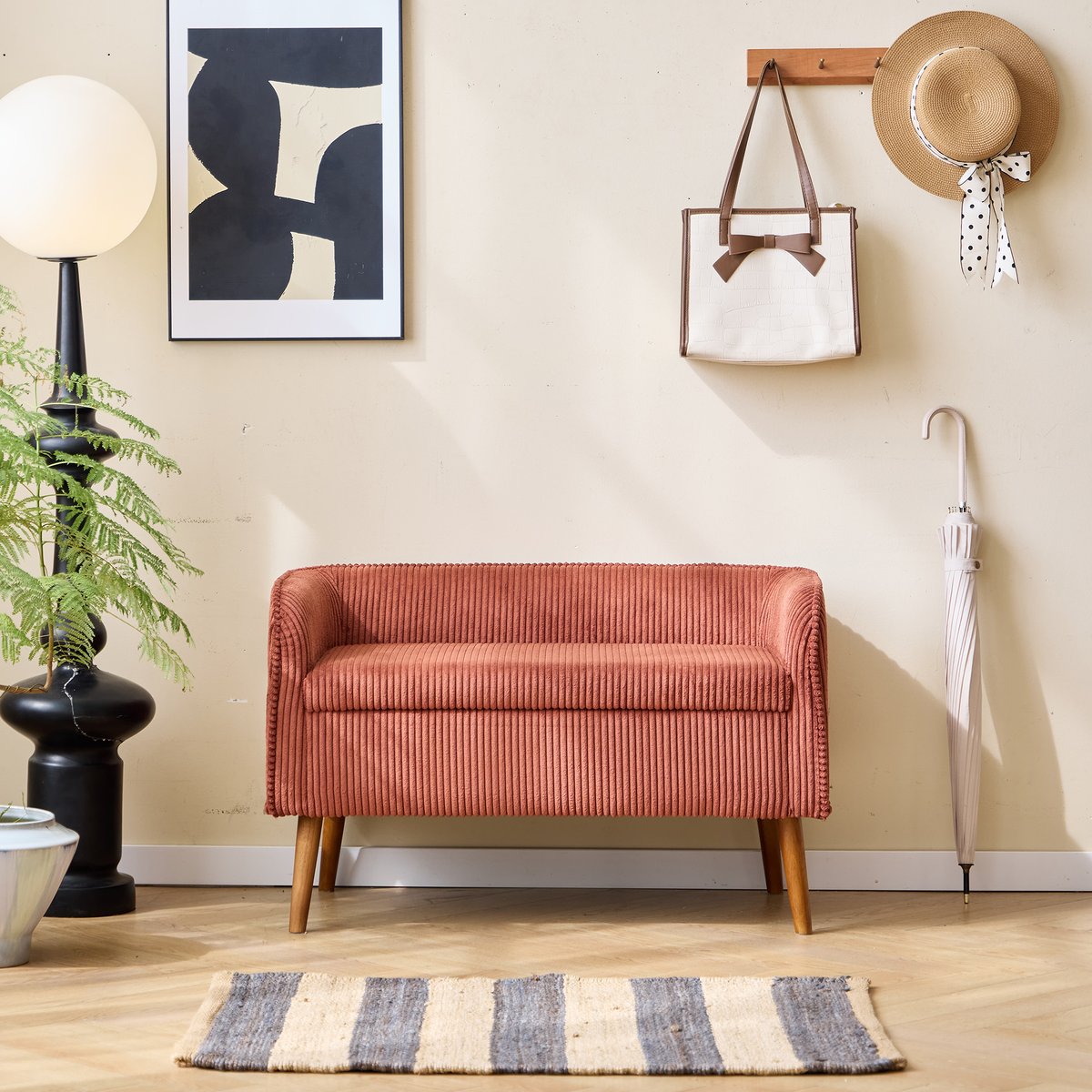Banc coffre, bois massif et velours côtelé, KIRKENES terracotta, NORDLYS