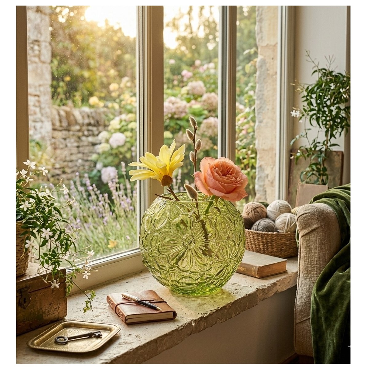 Vase rond en verre transparent Fleurs vert, EDEN