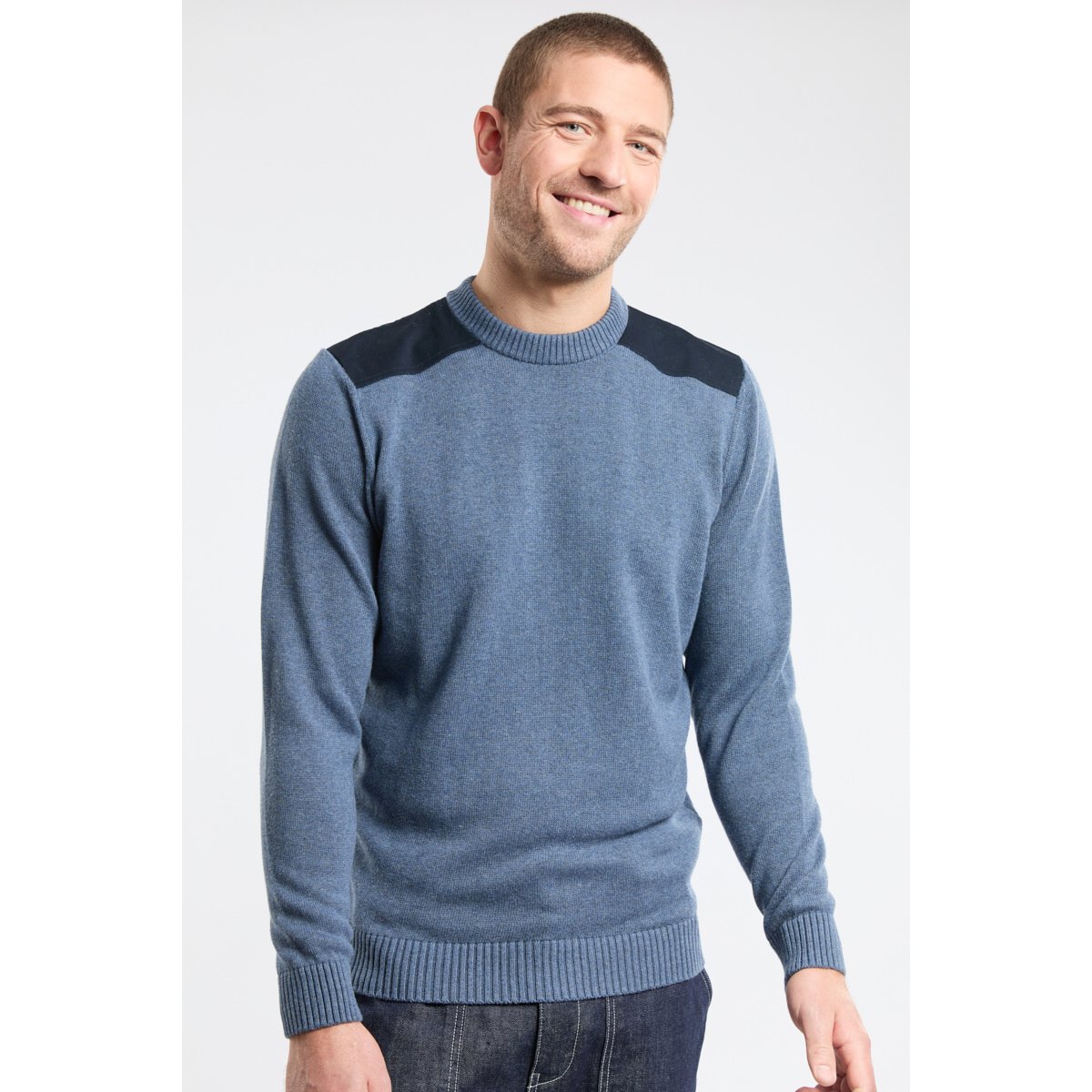 Pull col rond en coton jean brut, GUY DE BERAC