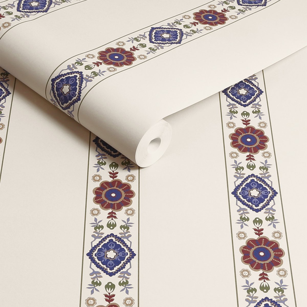 Papier peint Rayures fleuries bleu, brun, beige, JOULES
