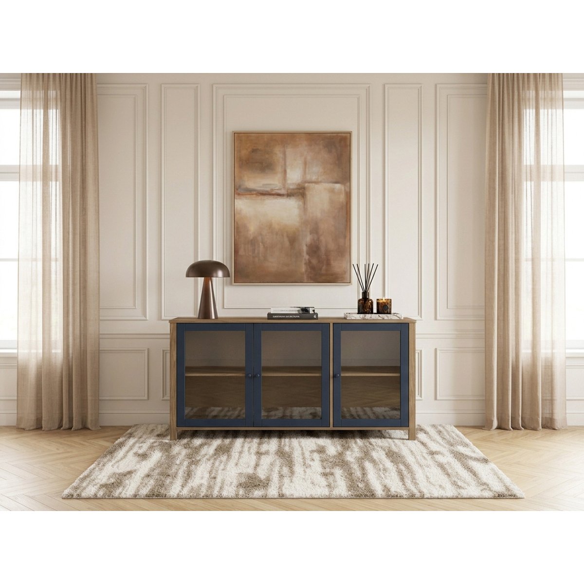 Buffet  en panneaux de particules 3 portes 142 cm, LEXIE bleu, BOBOCHIC