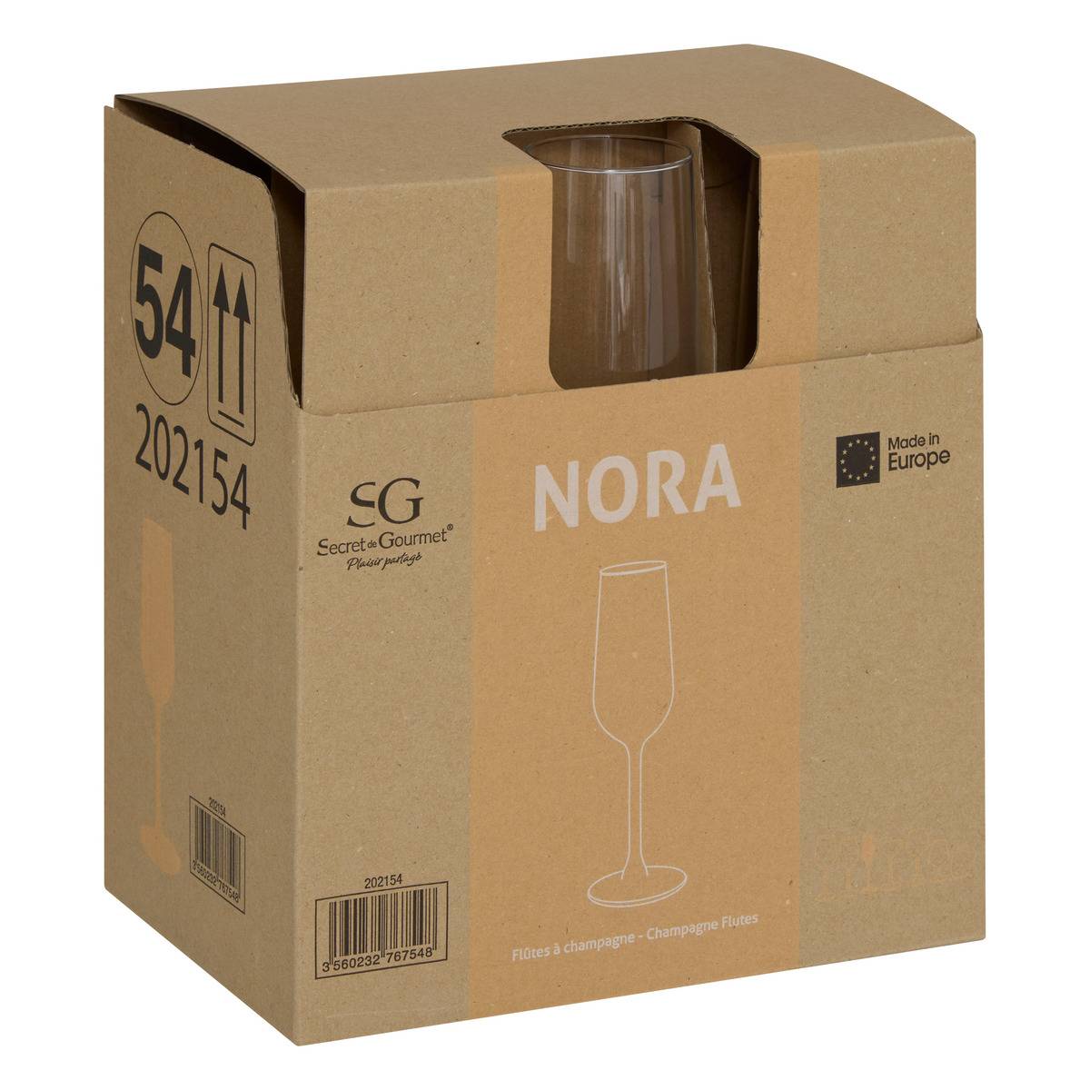 Lot de 6 flûtes à champagne en verre 22 cl NORA transparent, SECRET DE GOURMET