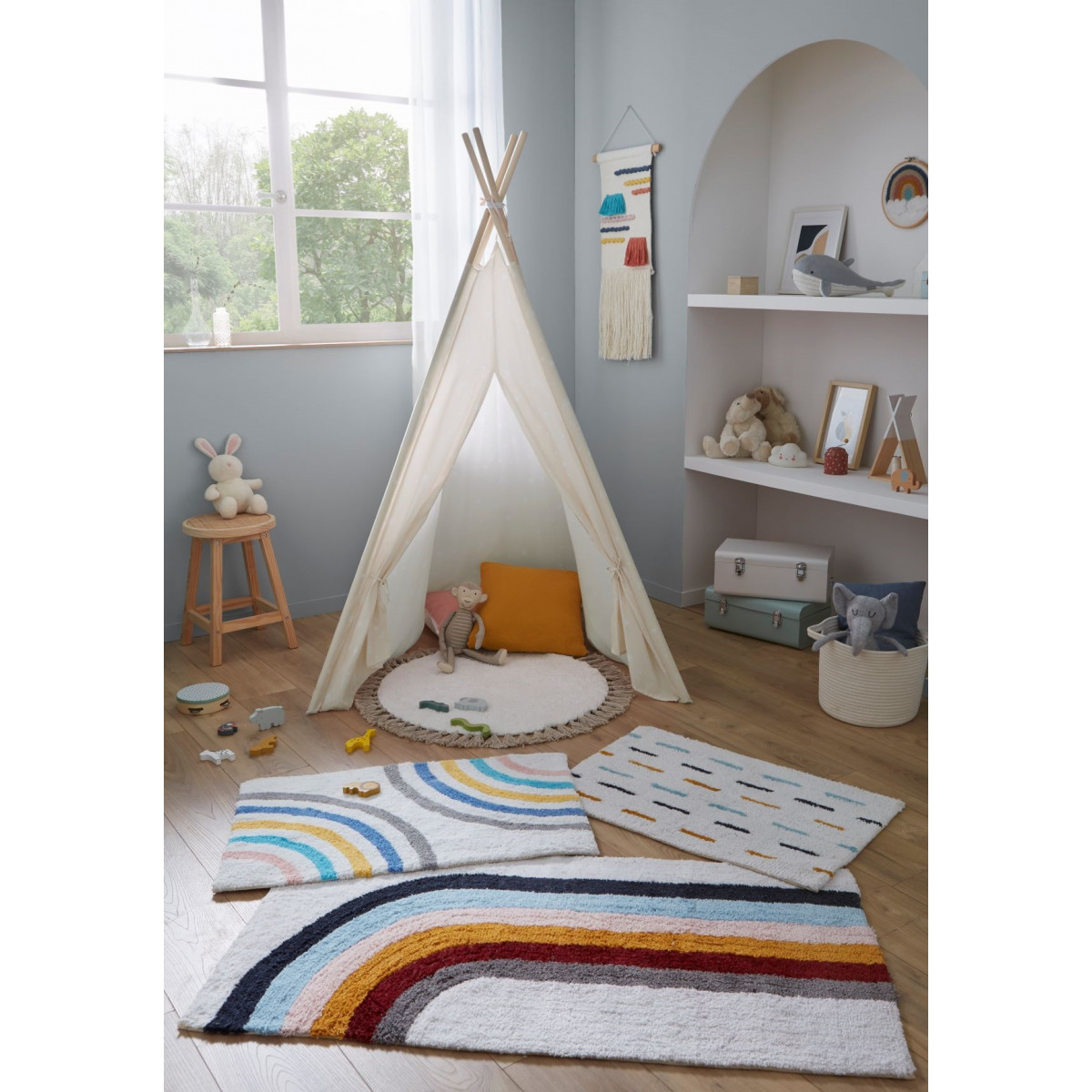 Tapis déco enfant en coton STRIPE blanc, GUY LEVASSEUR