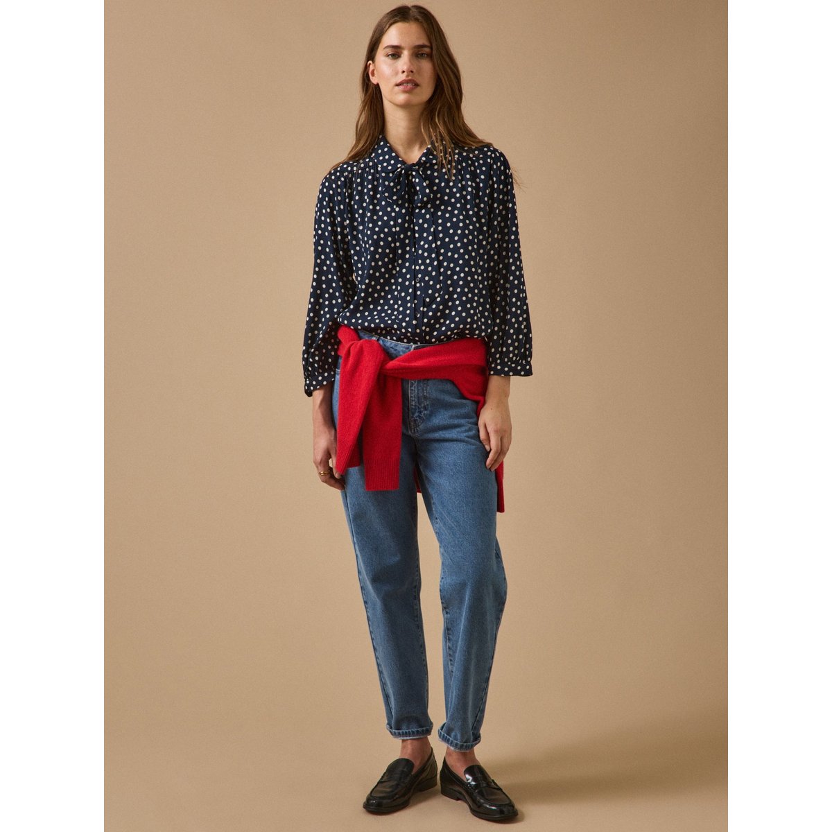 Chemise  imprimé pois pois ecru fond encre, CYRILLUS