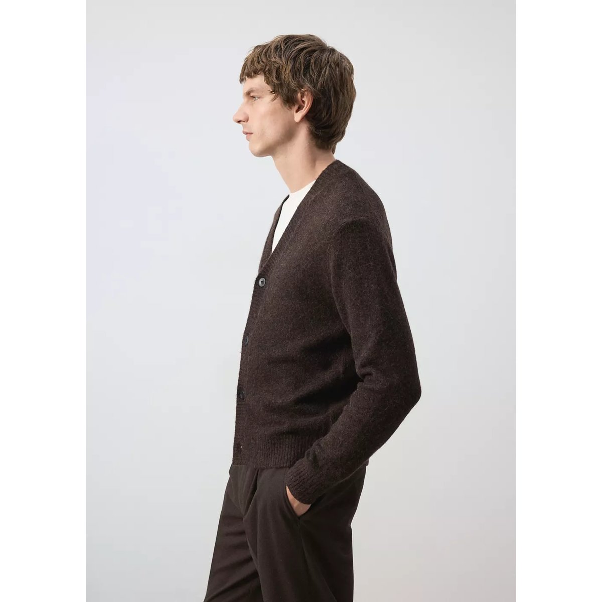 Cardigan en maille mélangée laine et alpaga chocolat, MANGO MAN