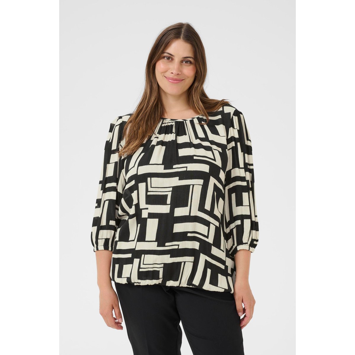 Blouse à manches longues noir/blanc graphique, KAFFE CURVE