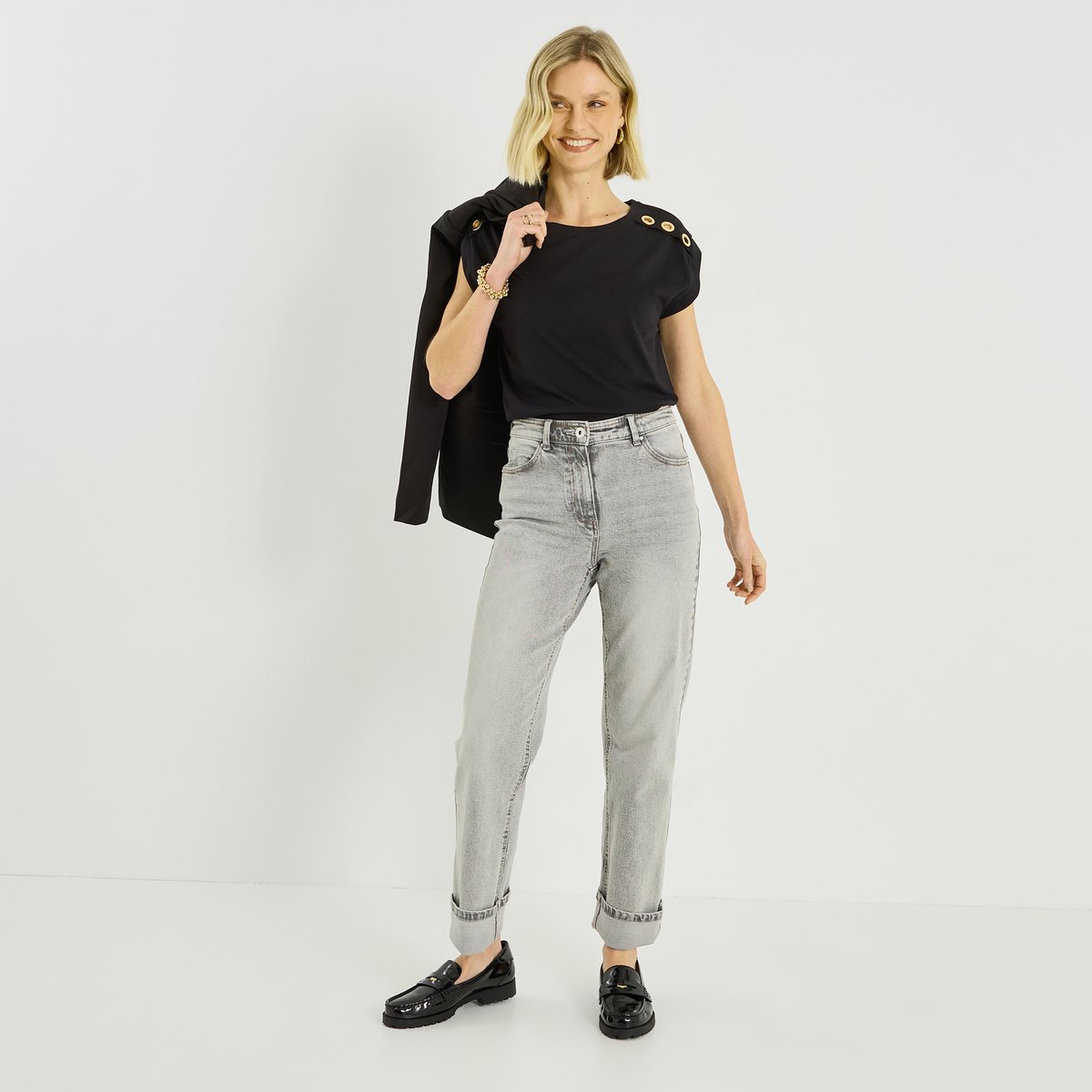 T-shirt col rond avec œillets noir, GRAIN DE MALICE