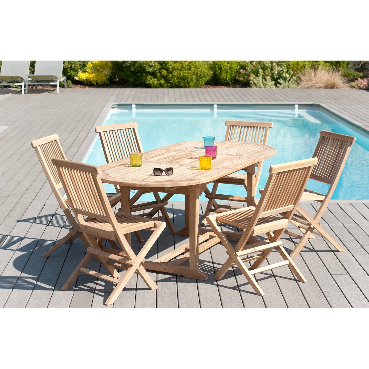 Salon de jardin table d'extérieur extensible ovale 150/200x90cm 6 chaises pliantes en bois de teck SUMMER bois naturel, PIER IMPORT