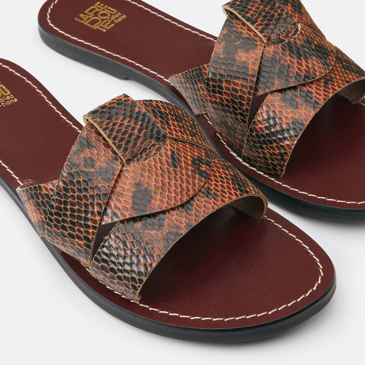Flat Mules in Snake Print Leather printed brown background, LA REDOUTE COLLECTIONS