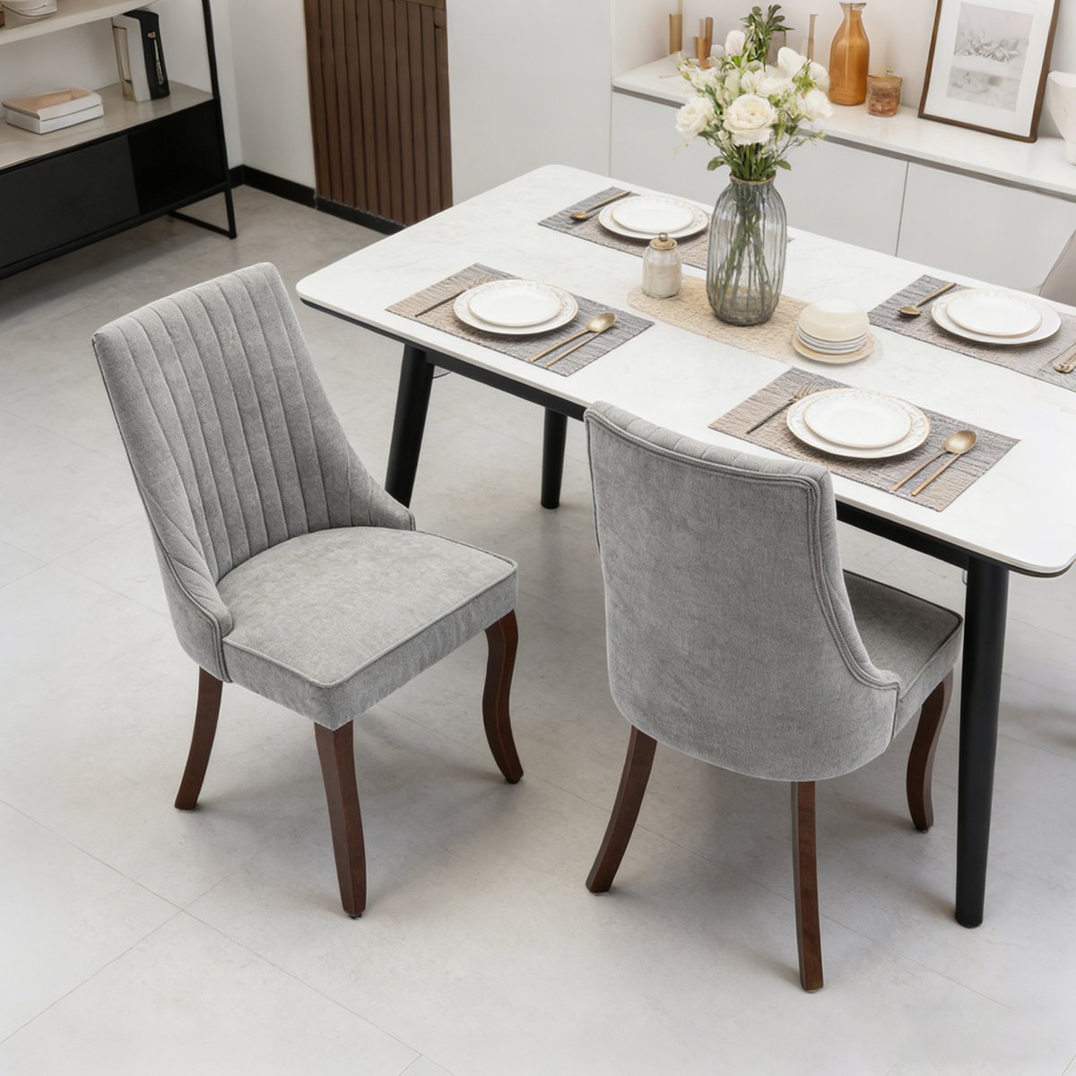 Lot de 2 chaises de salle à manger en tissu chenille avec pieds bois, GERRYB gris, MEUBLES COSY