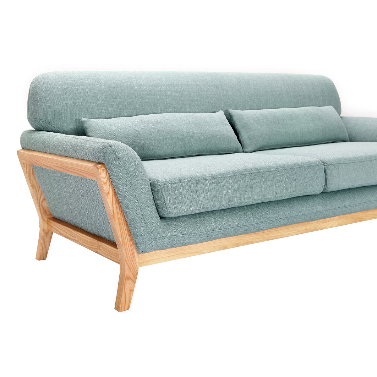 Canapé scandinave 3 places en tissu effet velours texturé terre brûlée et bois clair YOKO vert lagon, MILIBOO