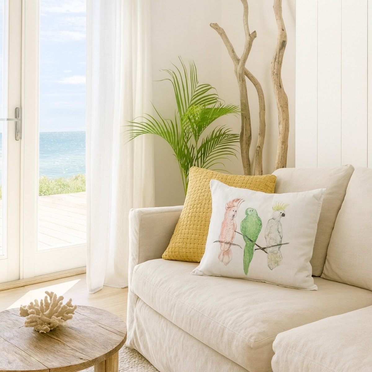 Coussin imprimé perroquet 40cm blanc, ORNAMI