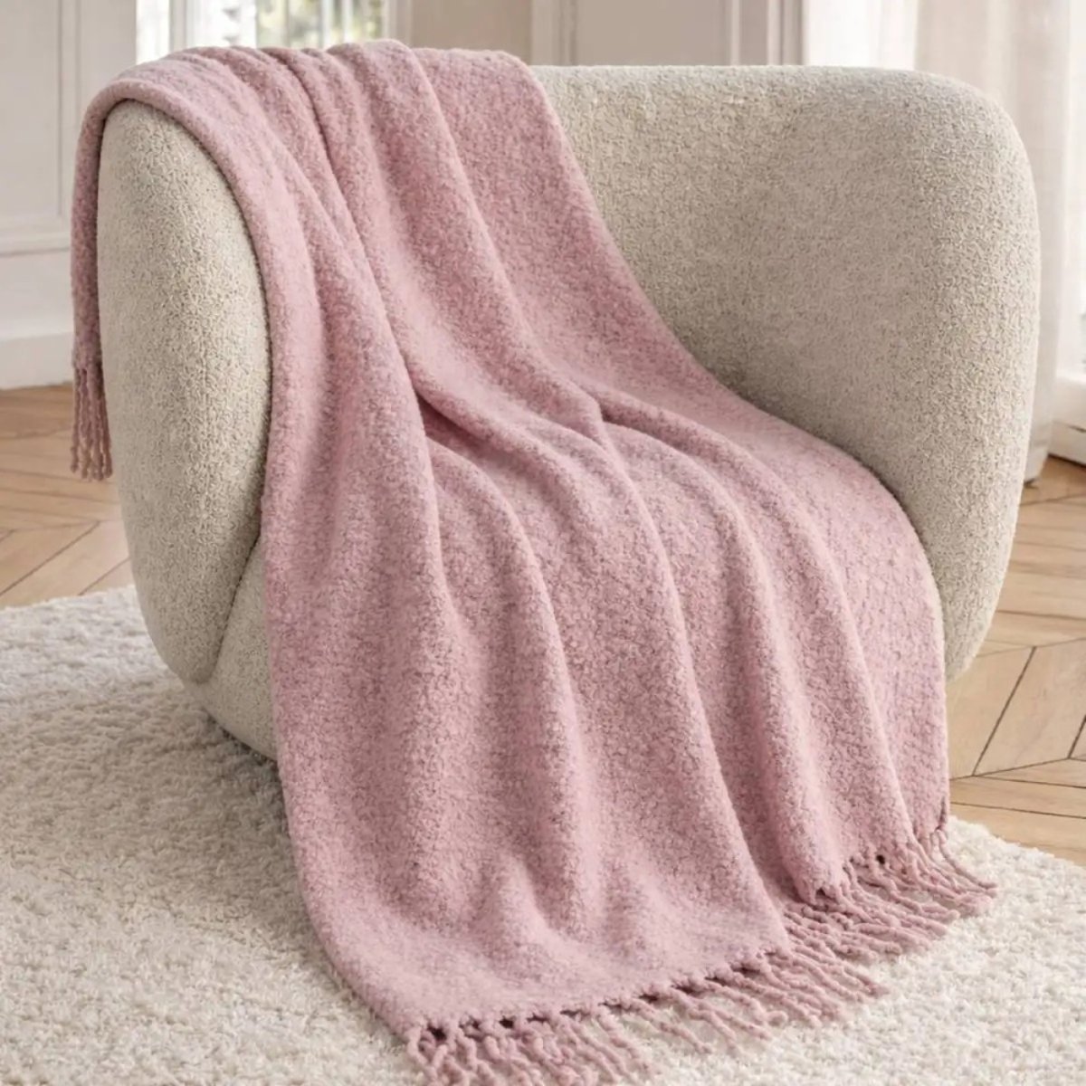 Plaid toucher doux à franges 130x170cm rose, ORNAMI