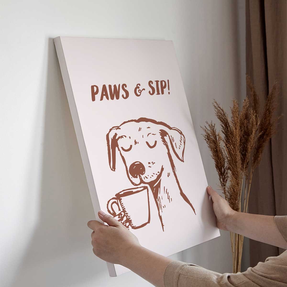 Tableau Paws & Sip chien café toile imprimée, HEXOA