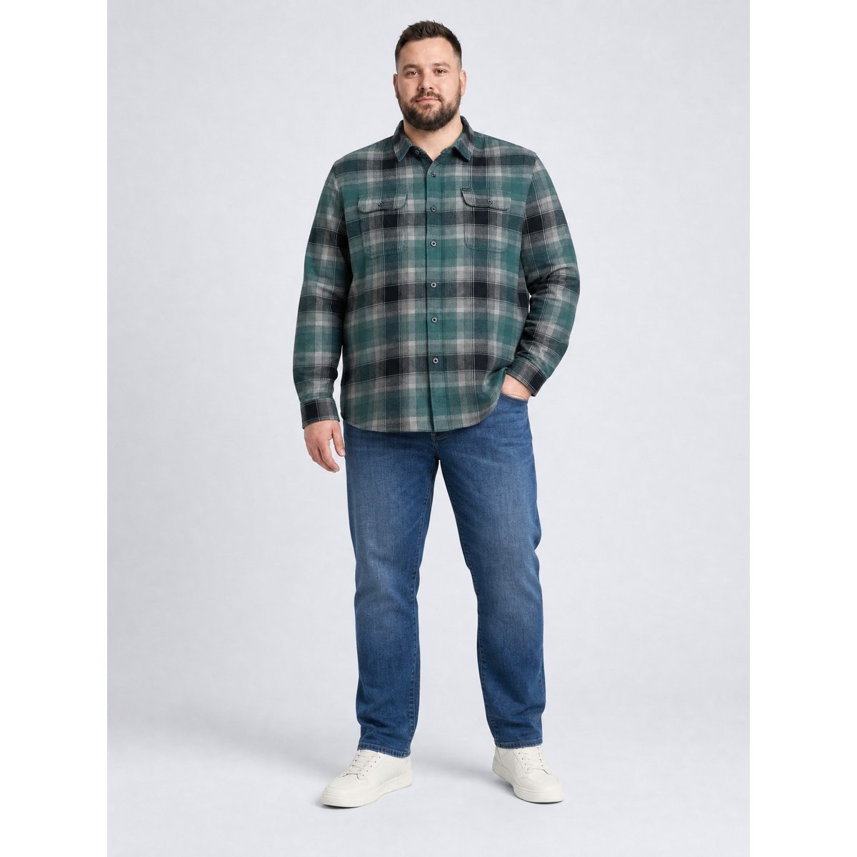Chemise grande taille à carreaux et motif chevrons steelmark vert teal green, PETROL INDUSTRIES