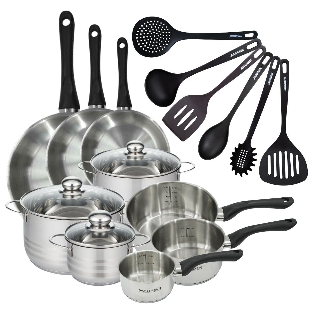 3 poêles 20/24/28, 3 faitouts 16/20/24, 3 casseroles 12/16/20 inox|noir, FACKELMANN