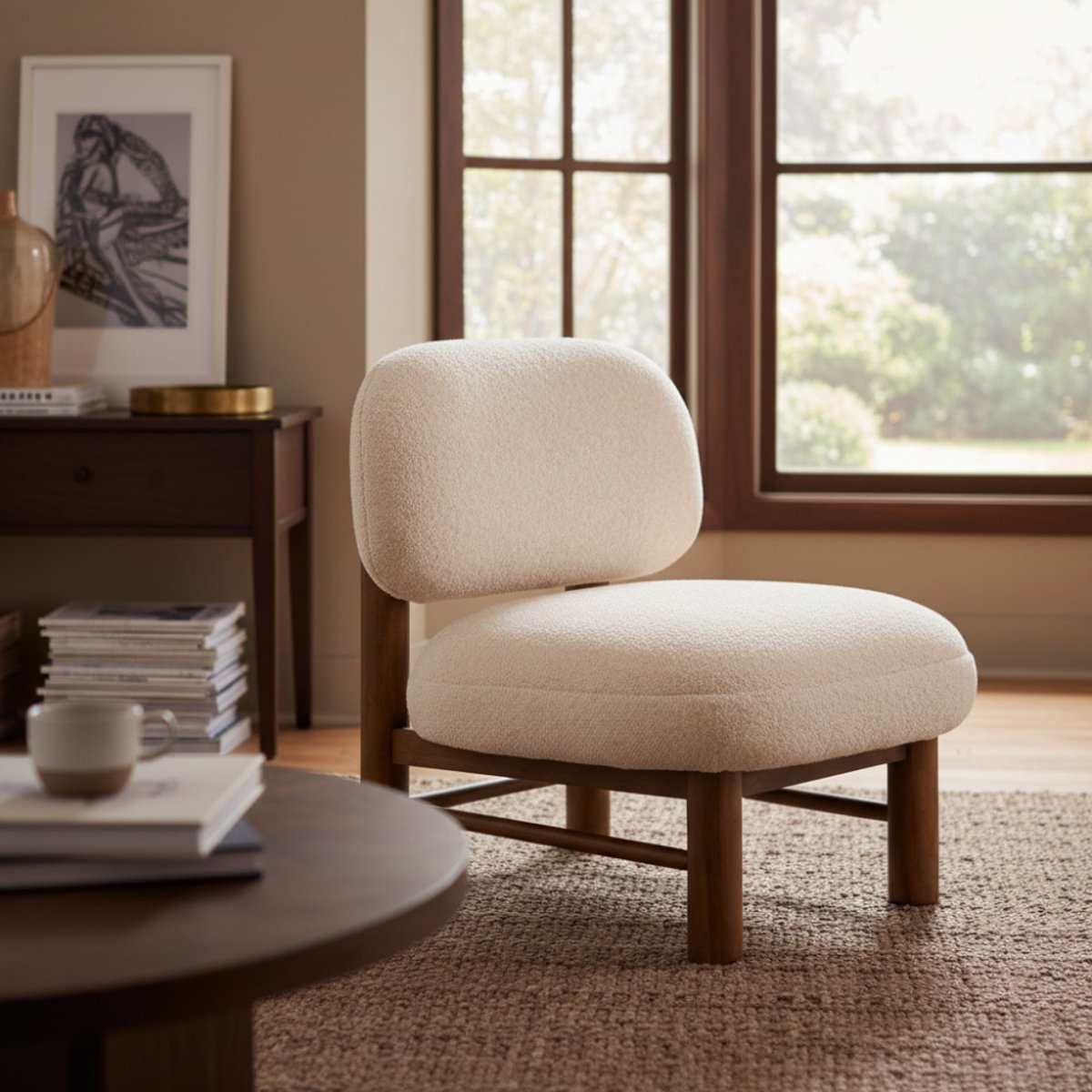 Fauteuil en tissu bouclette et bois- NUBO beige, DRAWER