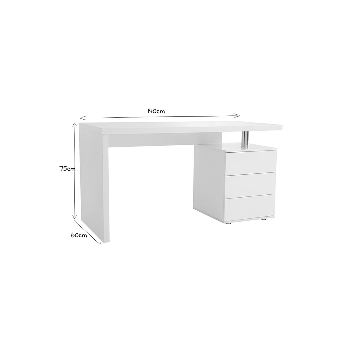 Bureau avec rangements 3 tiroirs design blanc laqué brillant L140 cm CALIX chêne clair, MILIBOO