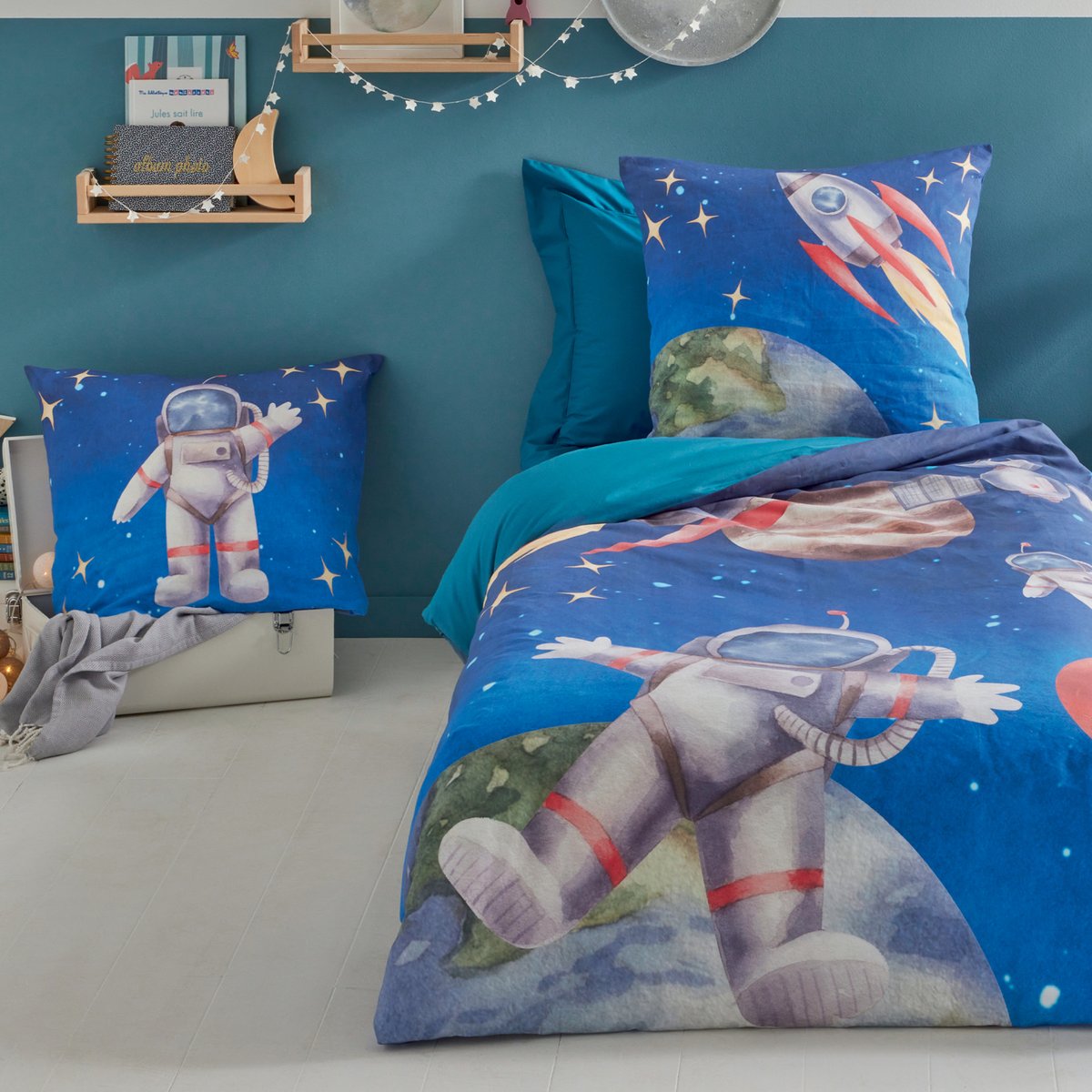 Housse de couette enfant percale de coton astronaute et fusée bleu, TRADILINGE