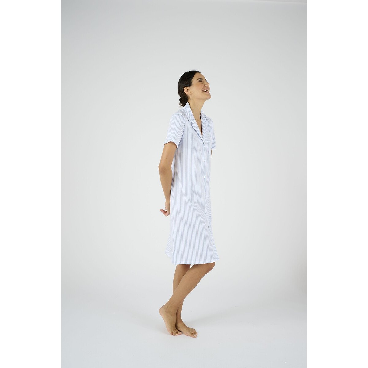 Chemise de nuit, manches courtes, en coton bleu rayé, DAMART