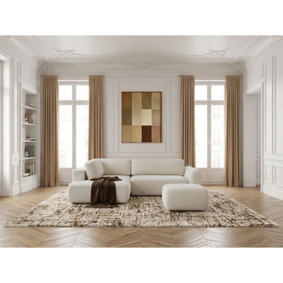 Canapé d'angle convertible 4 places en tissu texturé avec pouf, DENISE blanc, BOBOCHIC
