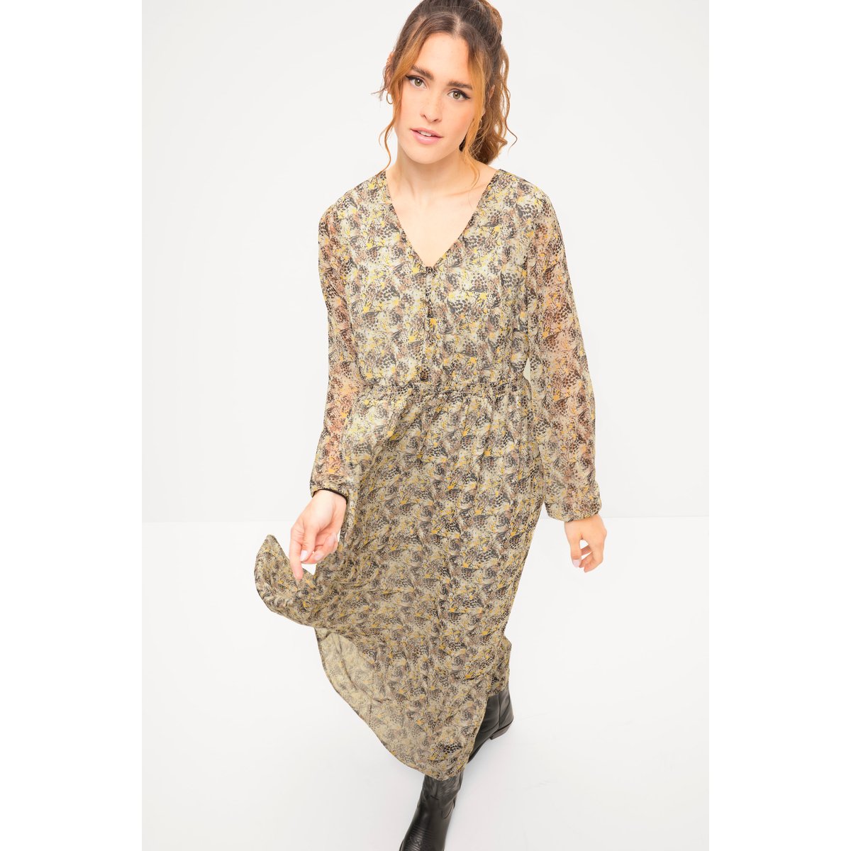 Robe maxi coupe trapèze avec imprimé léopard taupe, STUDIO UNTOLD