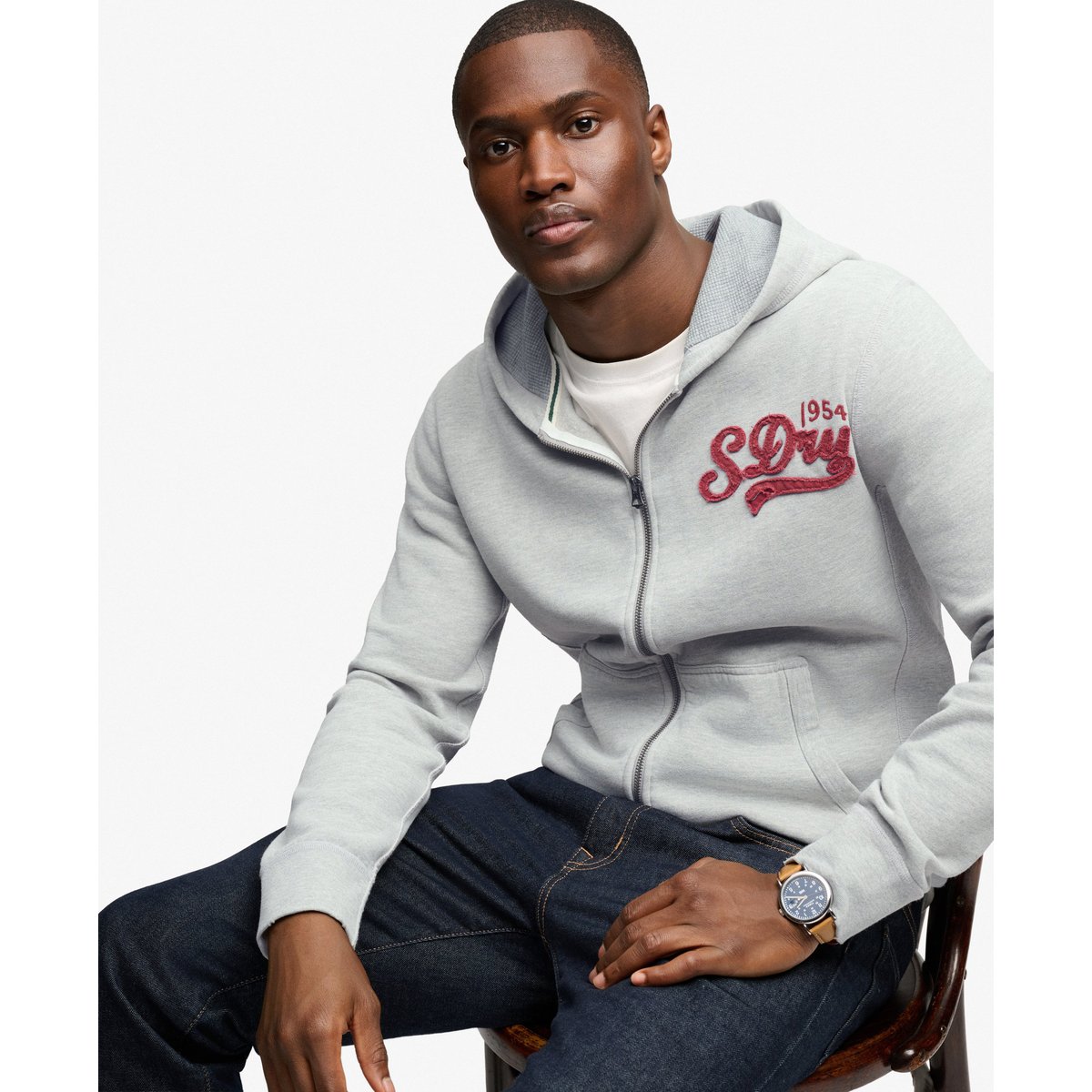 Sweat zippé à capuche Heritage Applique Coupe Décontractée gris chiné clair, SUPERDRY