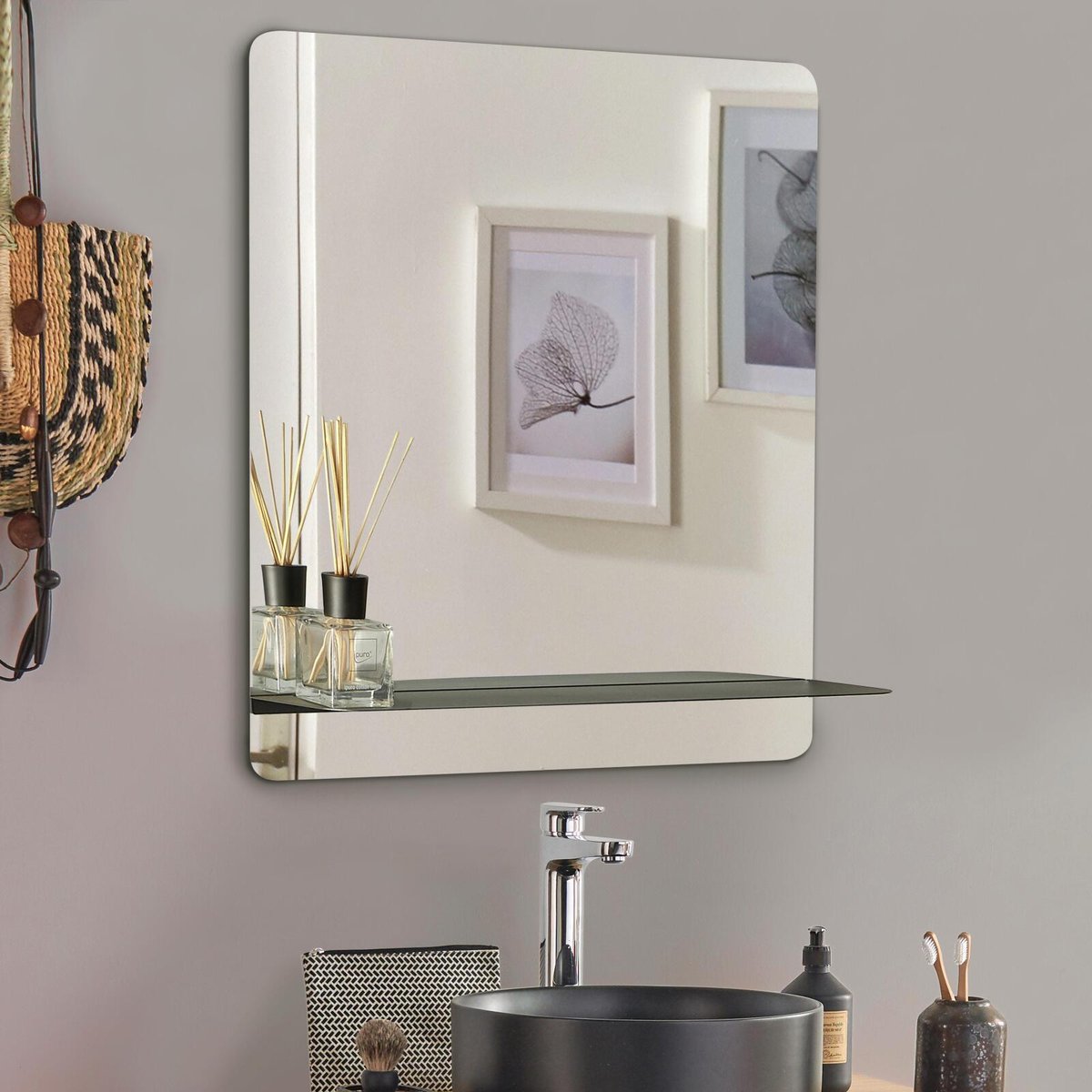Miroir rectangulaire avec tablette SORRENTO tablette noire, MOB IN