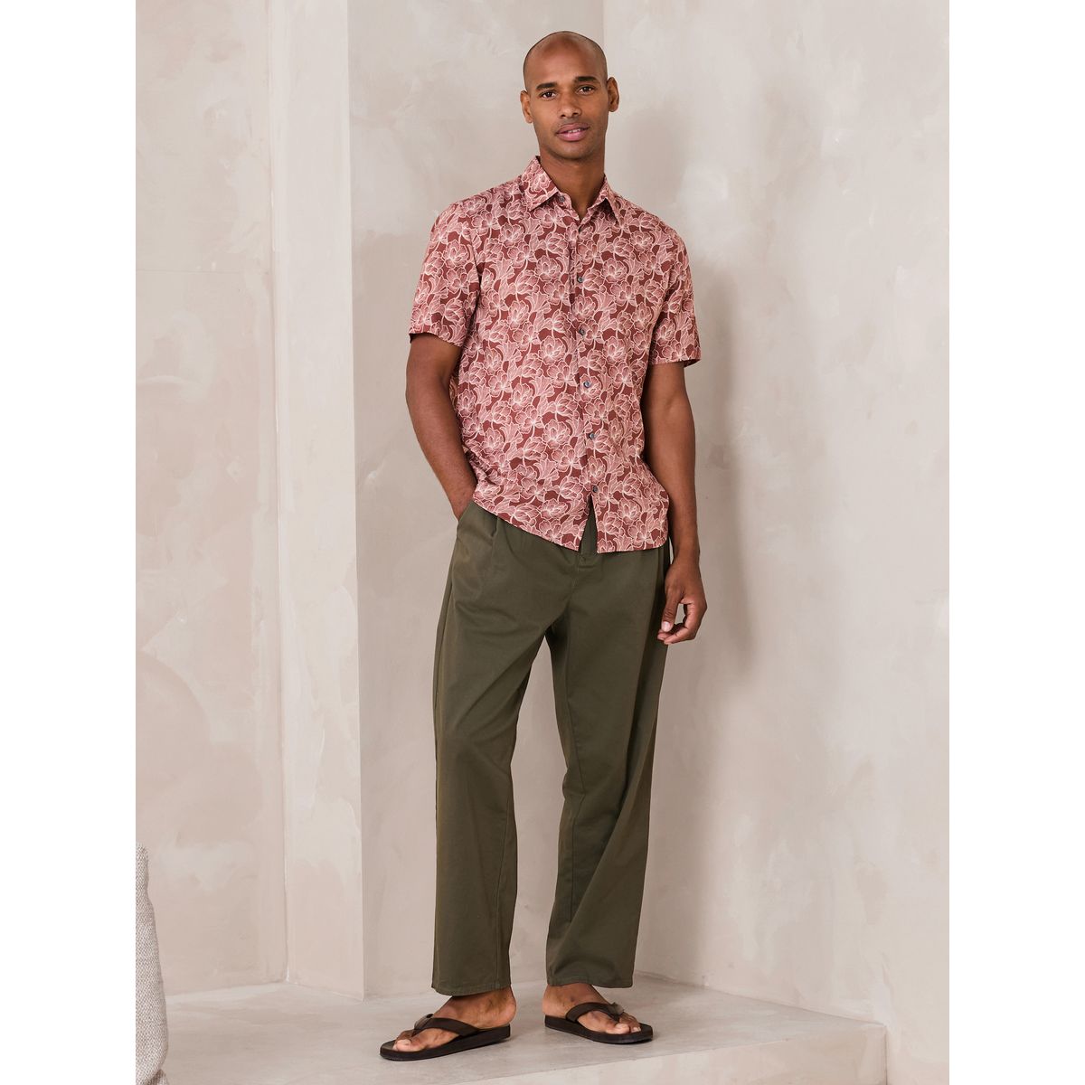 Chemise habillée en viscose et lin marron rouille imprimé floral, NEXT