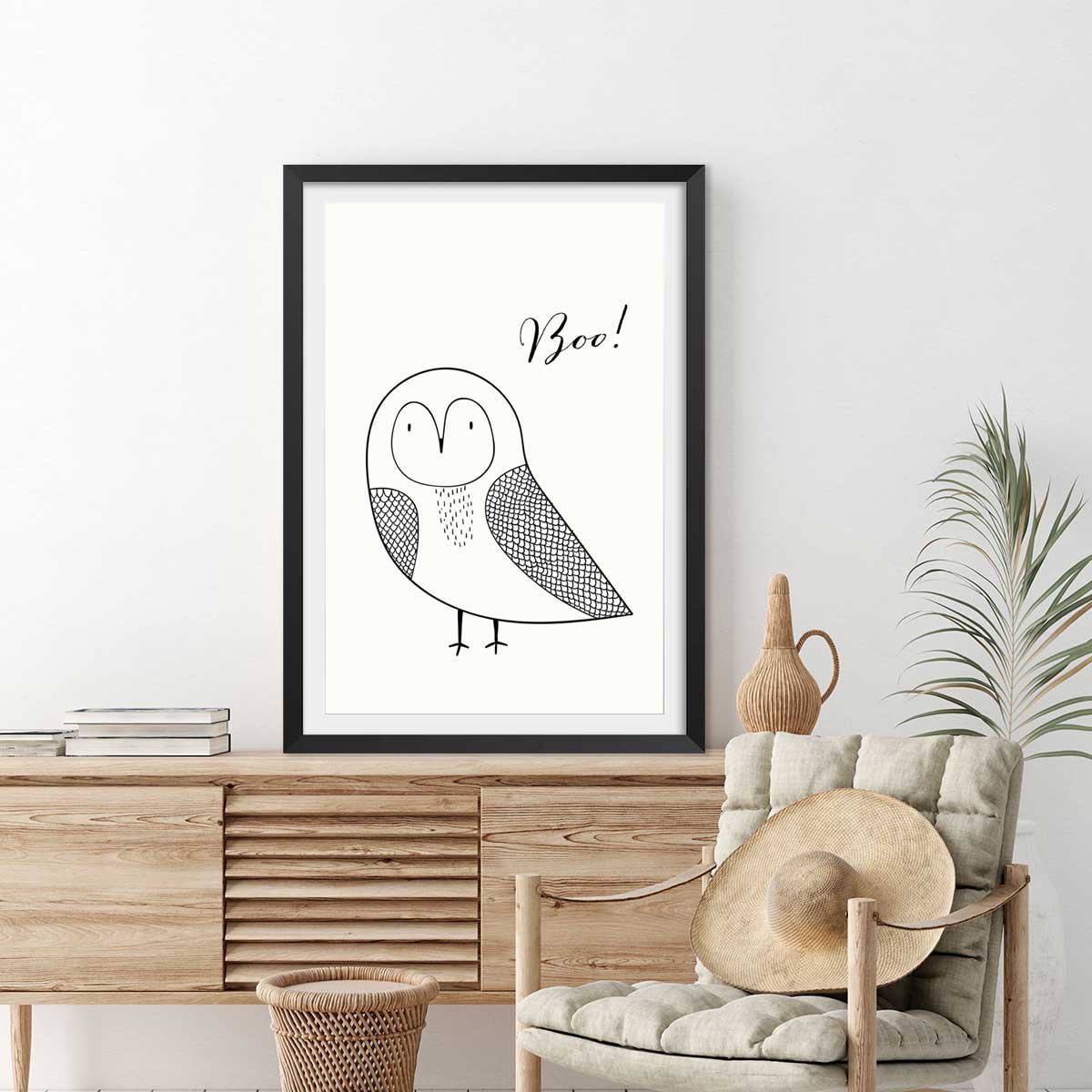 Affiche dessin ""hibou boo"" affiche + cadre en bois - noir, HEXOA