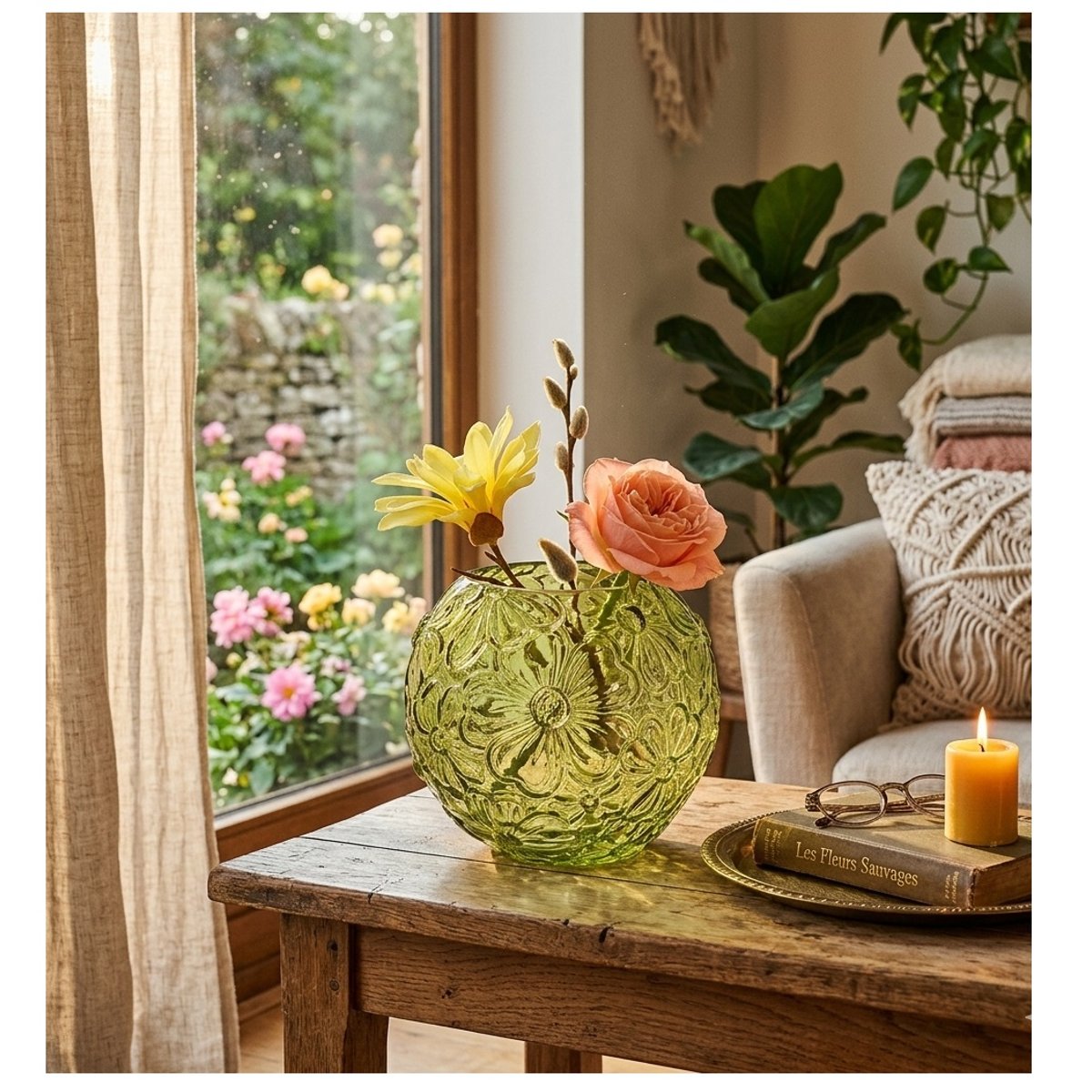 Vase rond en verre transparent Fleurs vert, EDEN