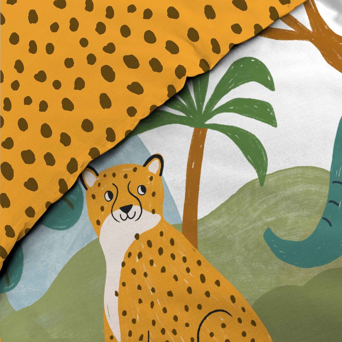 Parure de lit enfant 2 pièces 100 % coton imprimé animaux de la jungle housse + taie jaune, DOUCEUR D'INTÉRIEUR