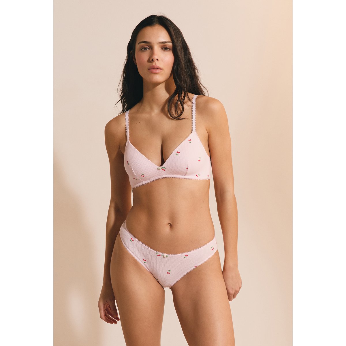 Soutien-gorge à coques fines en coton pointelle à motifs SLEEPOVER imp fond rose, ETAM
