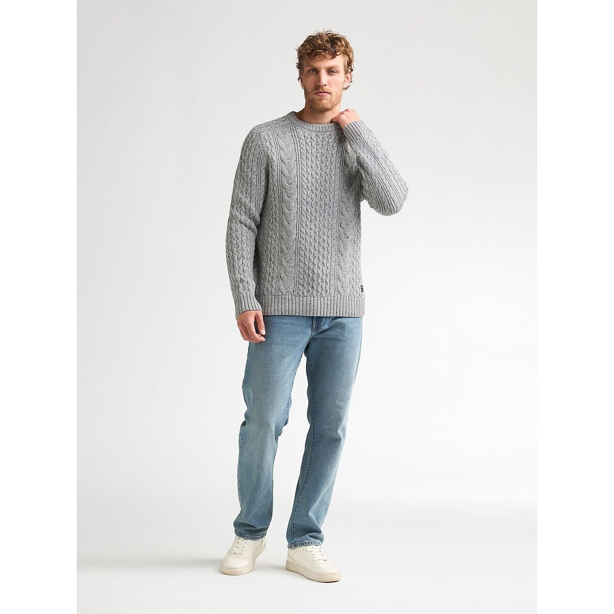 Pull col rond en fine maille à torsades gris chiné, PETROL INDUSTRIES