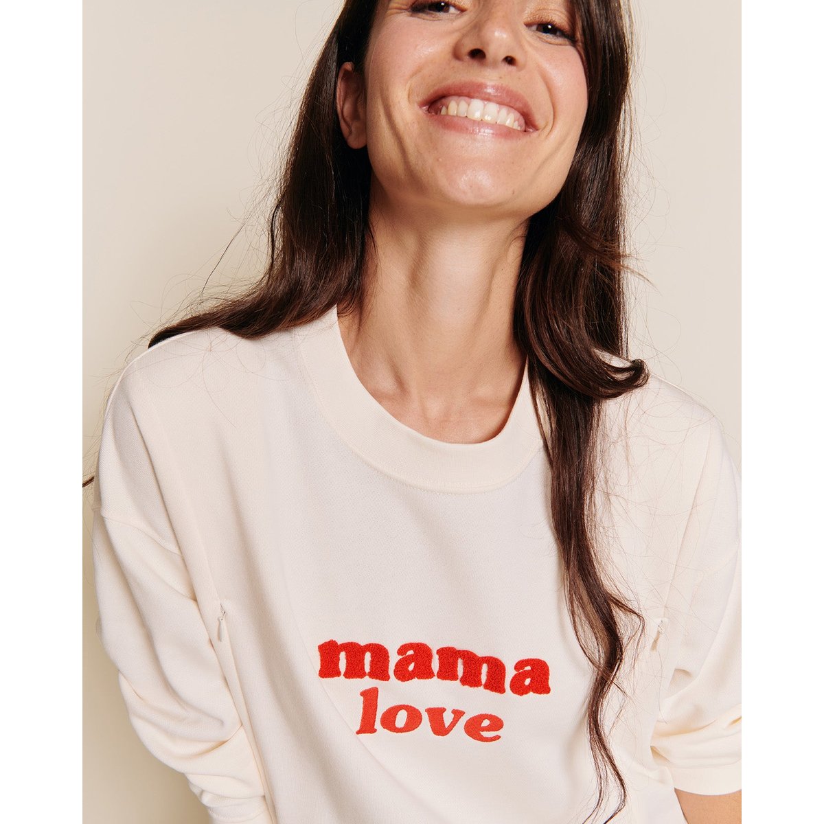 Sweat d'allaitement brodé en coton bio, LOVE ROUGE blanc - crème, EMOI EMOI