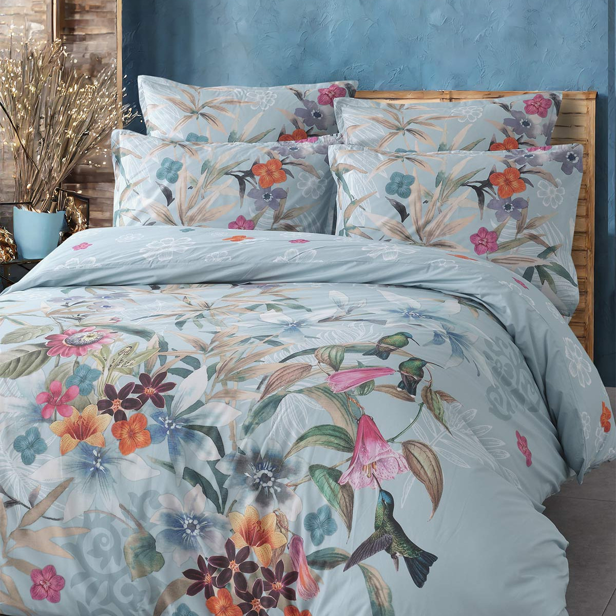 Lot de 2 taies d'oreillers en percale de coton BIRDIE bleu arctic, SENSEI MAISON